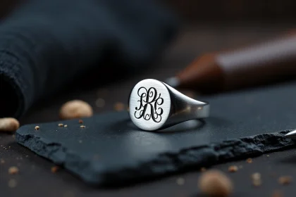 Chevalière en argent avec monogramme gravé en initiales entrelacées posée sur ardoise dans un atelier de gravure