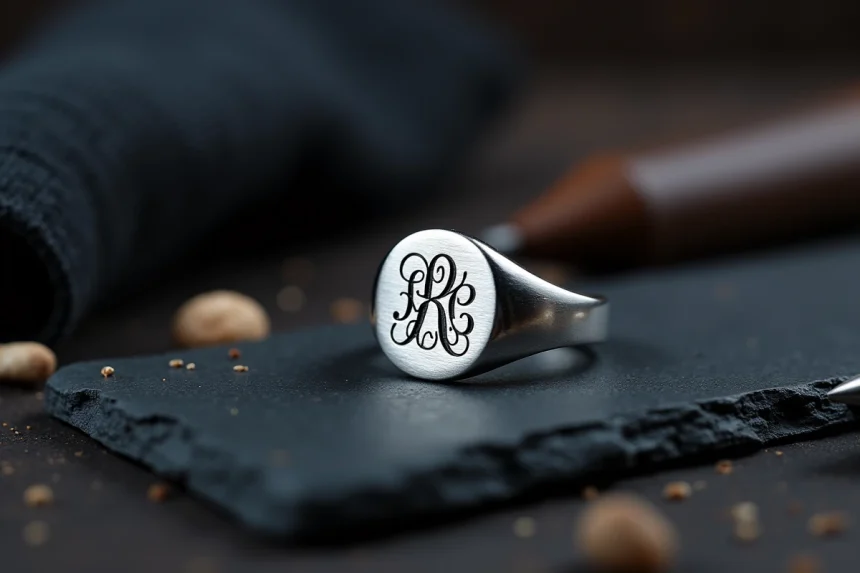 Chevalière en argent avec monogramme gravé en initiales entrelacées posée sur ardoise dans un atelier de gravure