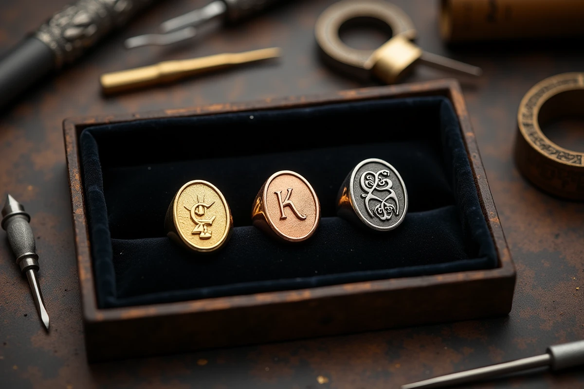 Trois chevalières personnalisées en or et argent avec différents styles de gravures d'initiales sur plateau en velours dans un atelier joaillier