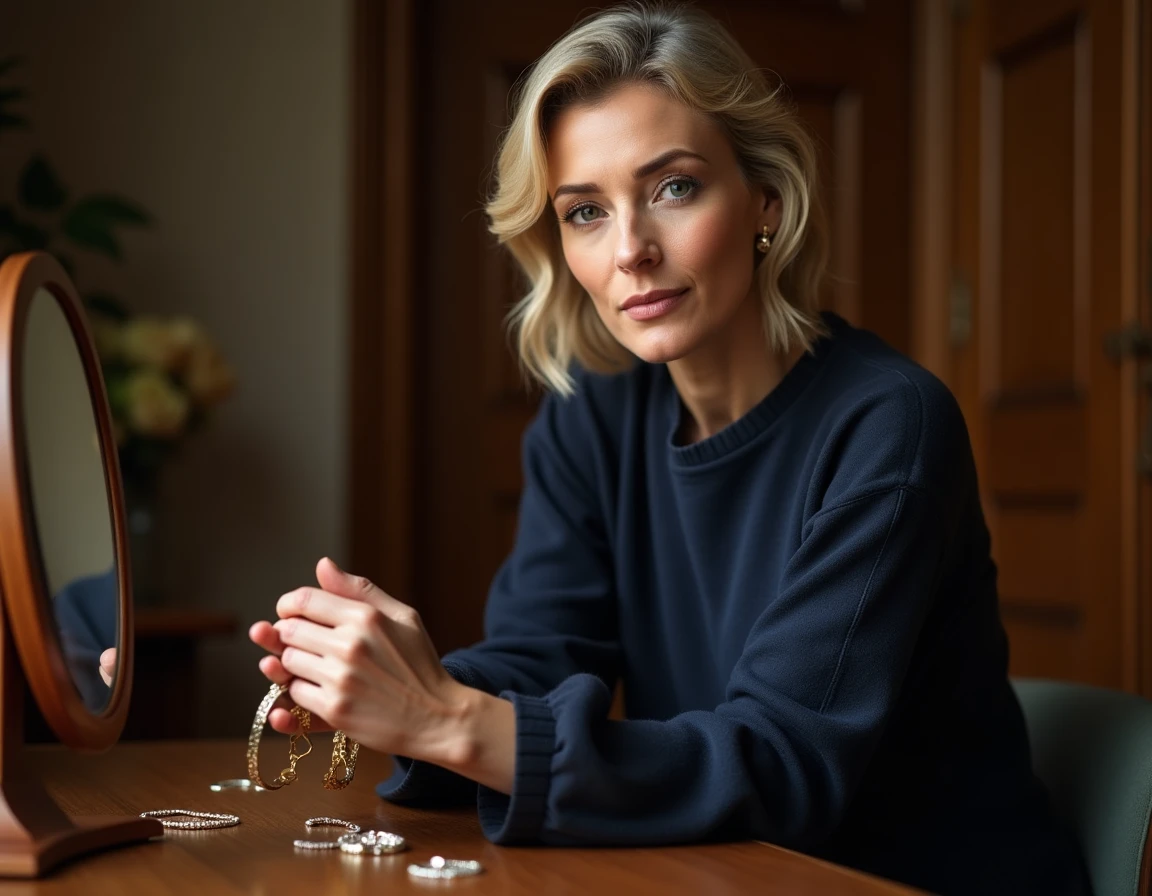 Femme élégante tenant un bracelet en or et un bracelet en argent dans ses mains devant une coiffeuse en bois