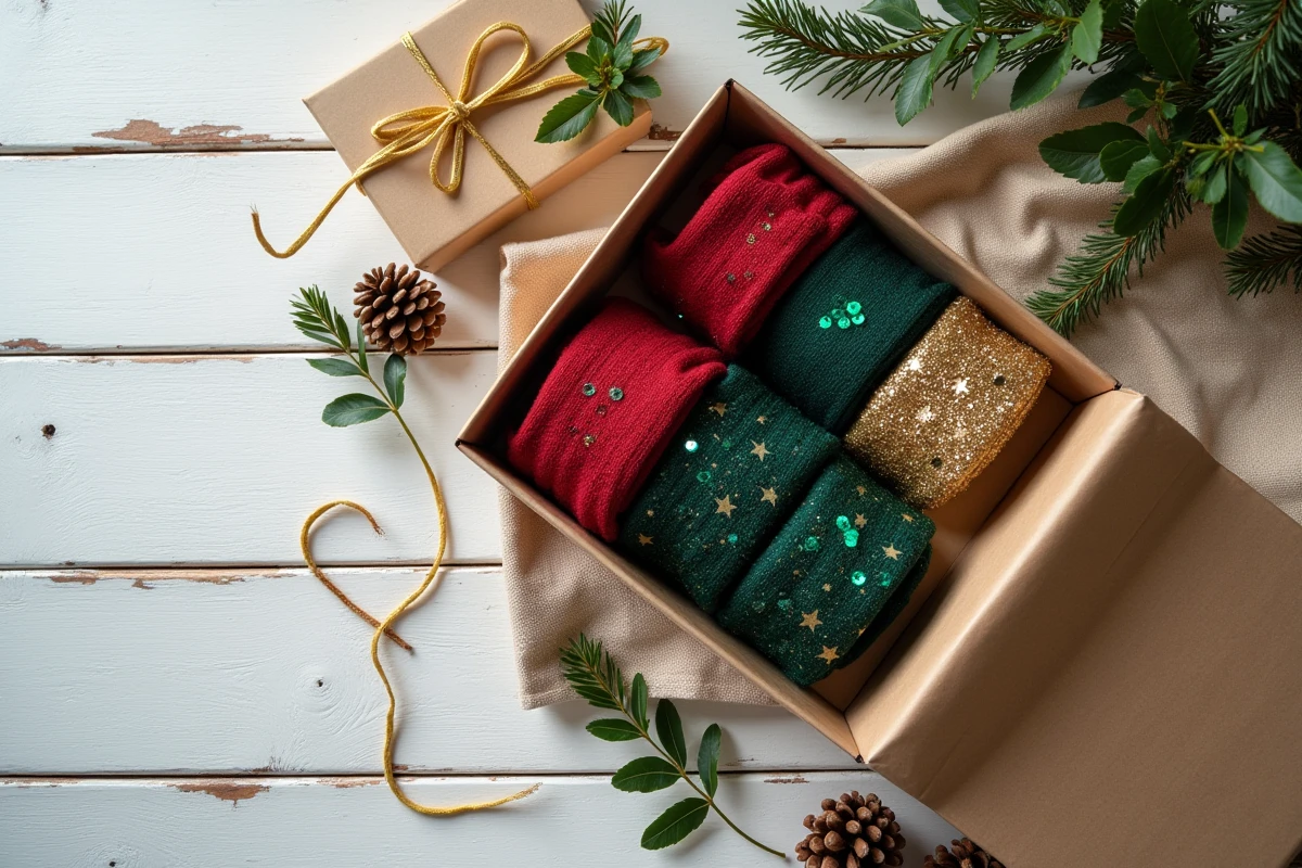 Coffret cadeau de chaussettes &agrave; paillettes ouvert avec d&eacute;coration de No&euml;l sur table en bois blanc
