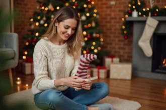 Femme souriante découvrant un coffret de chaussettes paillettes comme cadeau de Noël au pied du sapin