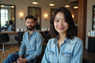 Jeune femme en consultation avec un coiffeur dans un salon moderne