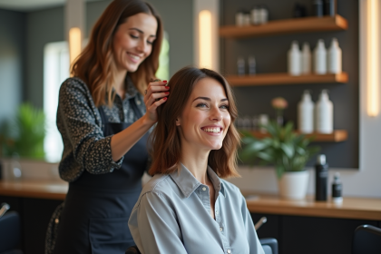 Femme souriante en salon coiffure avec styliste
