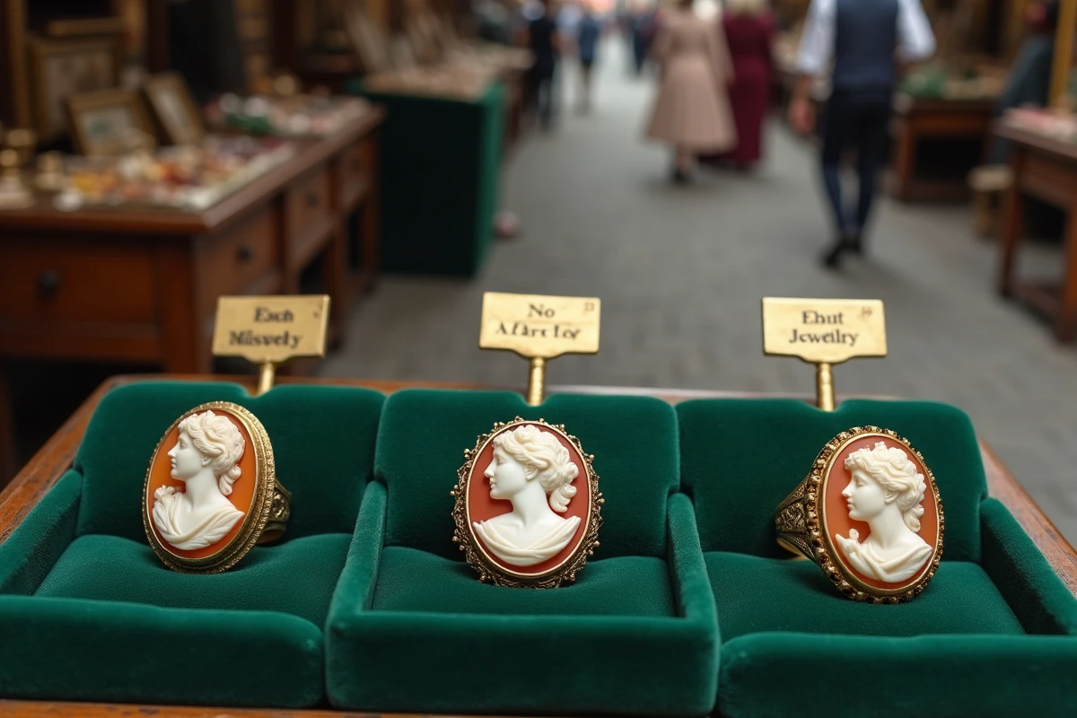 Collection de trois bagues camées anciennes avec profil, allégorie et visage floral sur velours vert dans un marché aux puces