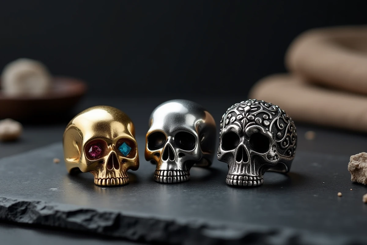 Trois bagues tête de mort sur mesure en or, titane et argent oxydé présentées sur ardoise noire dans un studio de joaillerie
