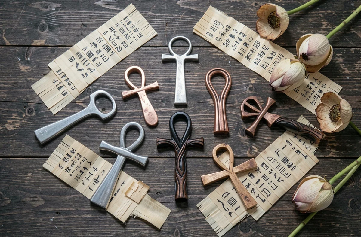 Collection de croix ankh en différents matériaux disposées sur bois ancien avec papyrus et fleurs de lotus séchées