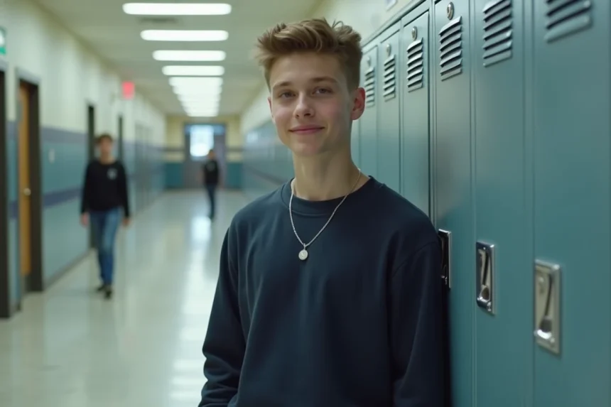 Adolescent portant un collier chaîne argent fin avec sweat marine dans un couloir de lycée