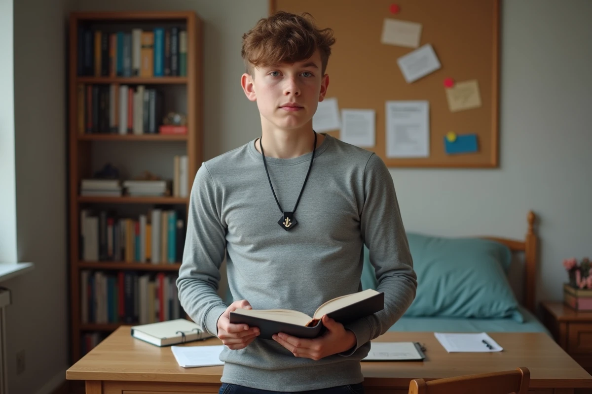 Ado portant un collier pendentif géométrique noir dans sa chambre d'étudiant au collège