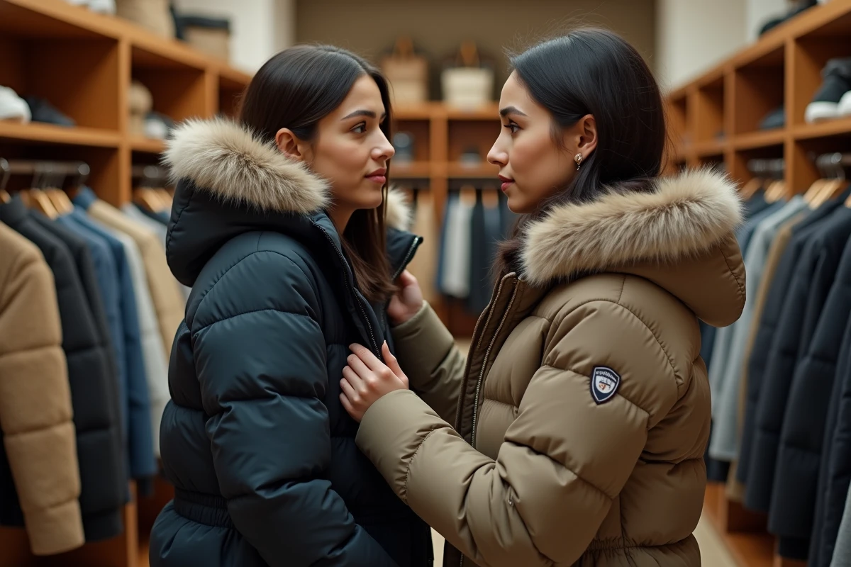 Femme comparant deux doudounes dans un magasin, l'une avec capuche à fausse fourrure et l'autre sans
