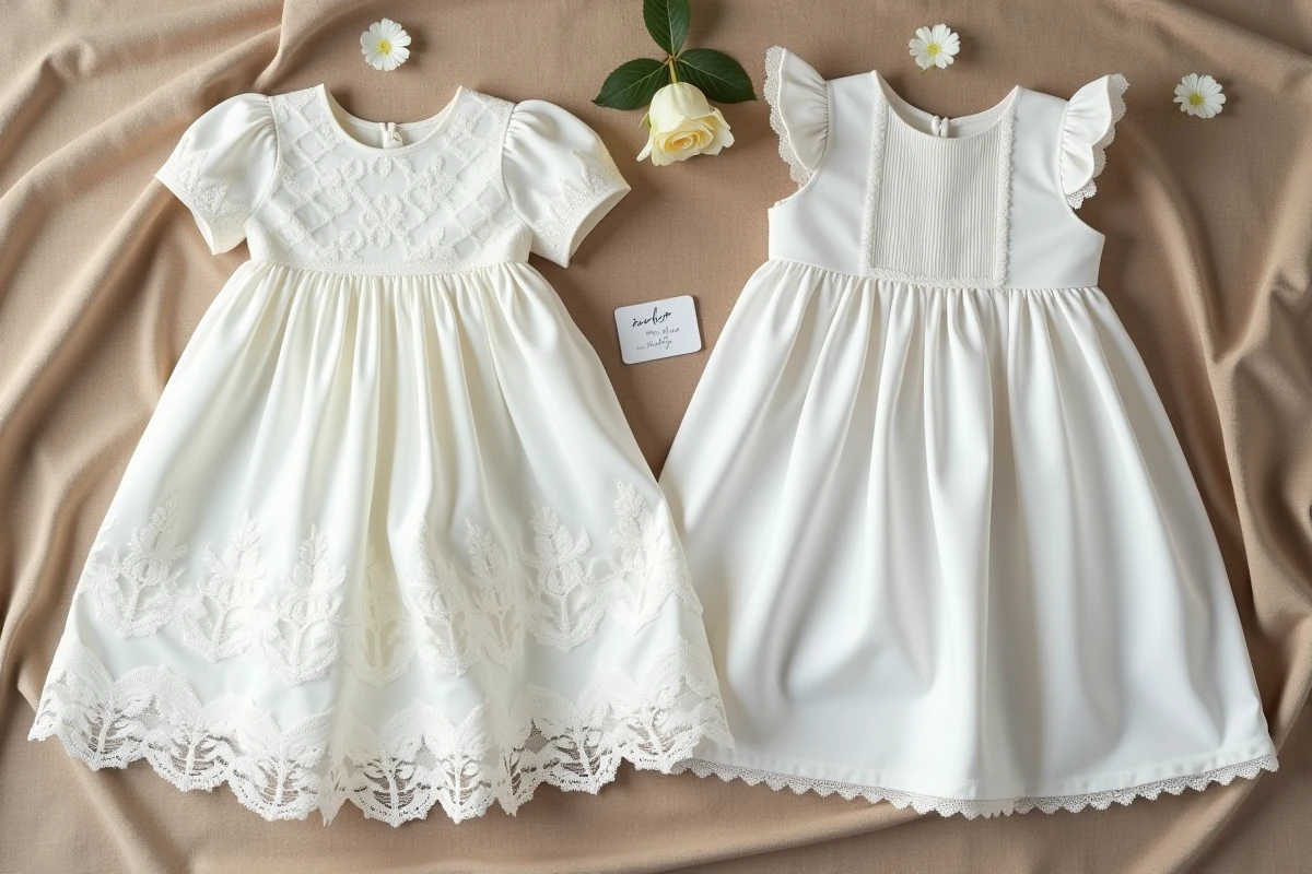 Comparaison côte à côte d'une robe de baptême en dentelle et d'une robe en coton bio blanc sur surface en bois clair avec pétales de roses