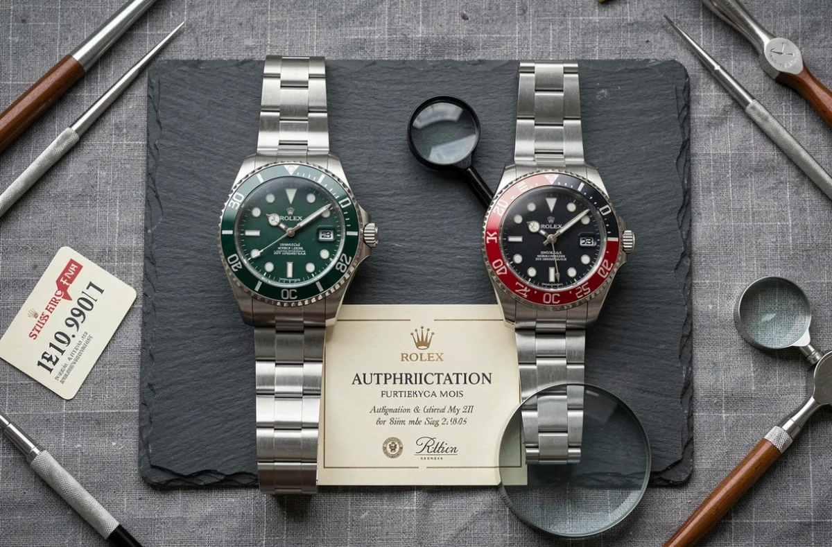 Comparaison entre une Rolex neuve et une Rolex d'occasion posées côte à côte avec étiquettes de prix en francs suisses