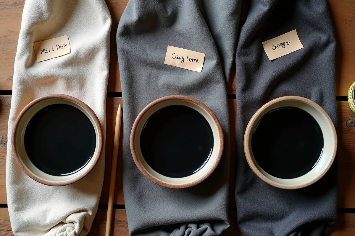 Comparaison de teinture noire sur tissu coton, lin et synthétique en vue de dessus sur une table en bois