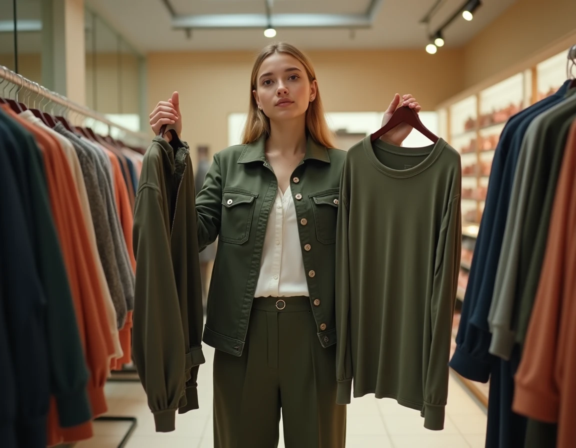 Jeune femme comparant deux vêtements similaires dans un magasin de mode avant de faire son choix d'achat
