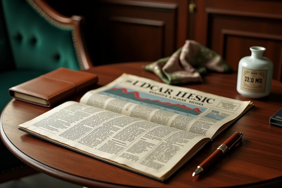 Composition éditoriale d'un journal financier, d'accessoires de luxe et d'un agenda en cuir sur une table en noyer, symbolisant l'investissement dans les valeurs boursières du groupe LVMH