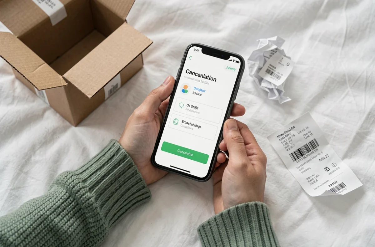 Gros plan de mains tenant un smartphone avec une confirmation d'annulation de commande Shein à côté d'un colis ouvert