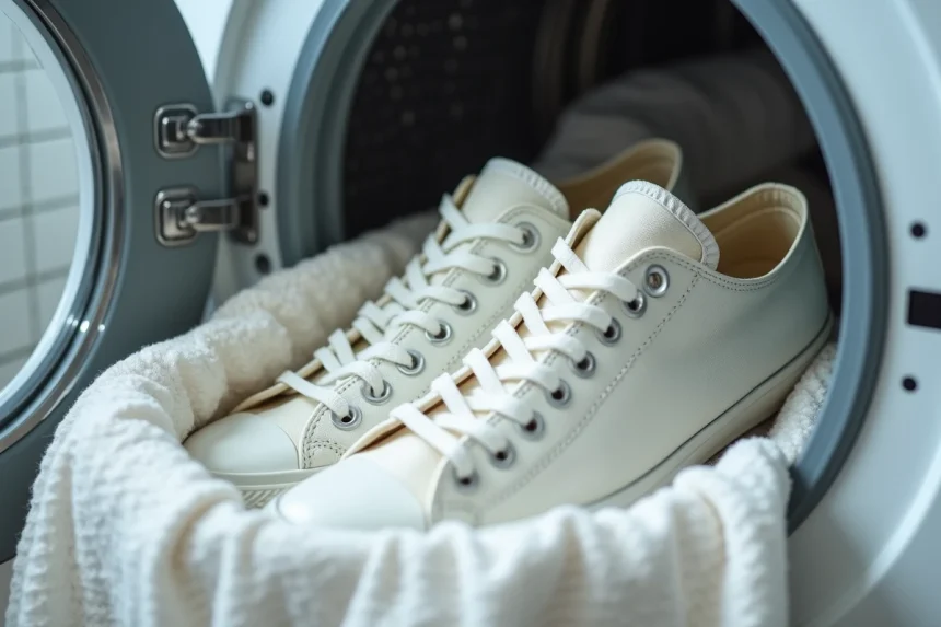 Paire de converses blanches placées dans un tambour de machine à laver avec un filet de lavage pour protéger les lacets et œillets