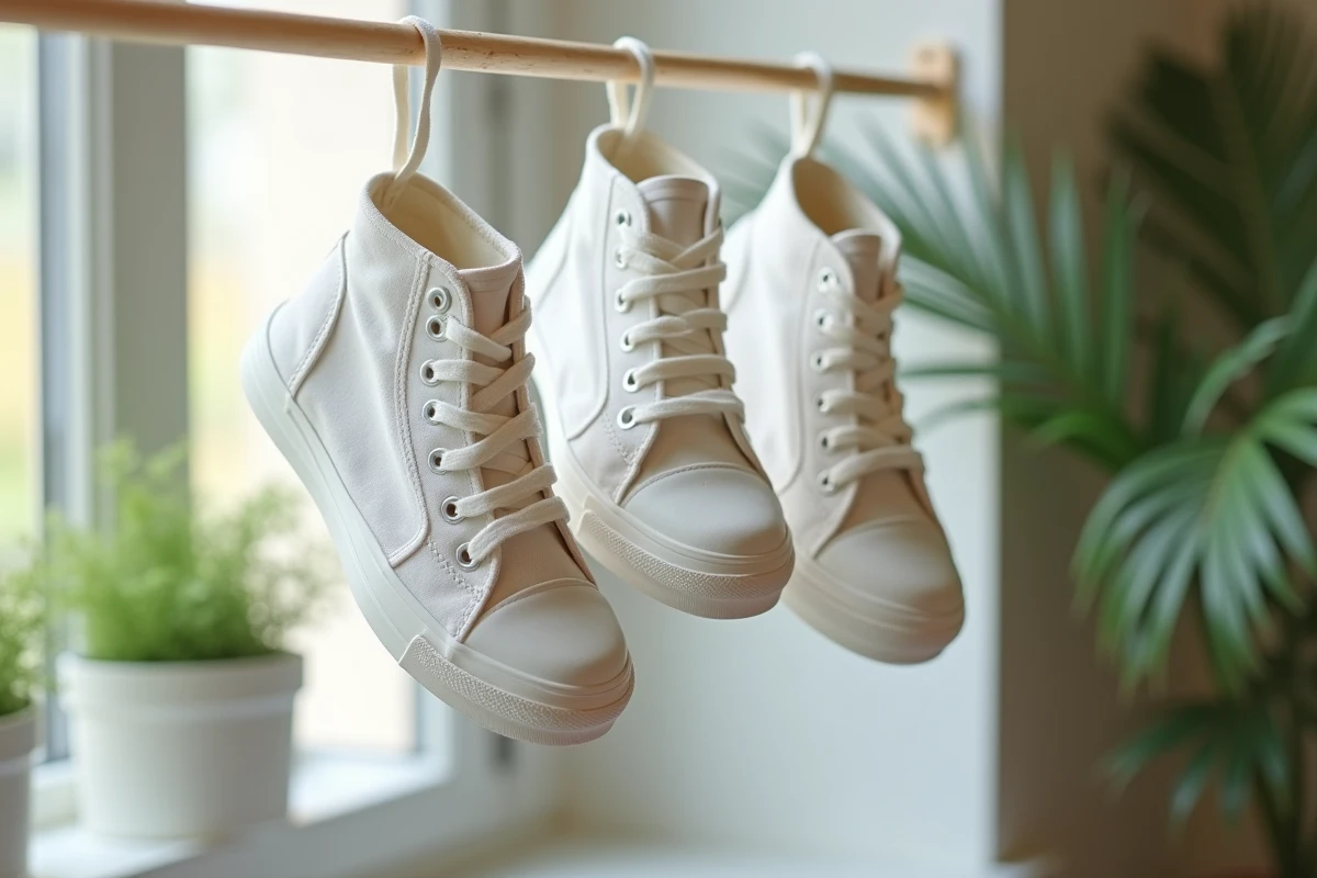 Converses blanches propres suspendues à un séchoir après lavage en machine, logo et semelle bien préservés