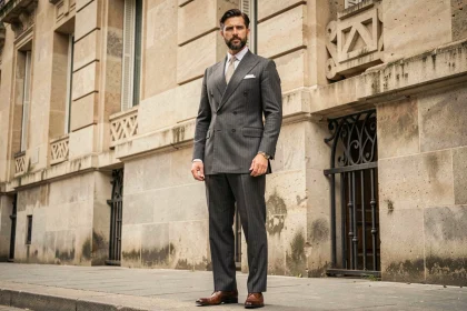 Homme en costume années 30 double boutonnage gris charbon pour mariage devant bâtiment Art Déco