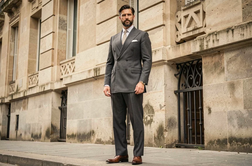 Homme en costume années 30 double boutonnage gris charbon pour mariage devant bâtiment Art Déco