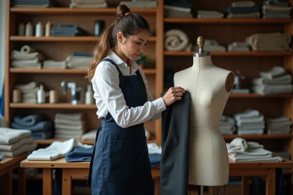 Couturière en atelier épinglant l'ourlet d'un pantalon en laine pour une retouche professionnelle