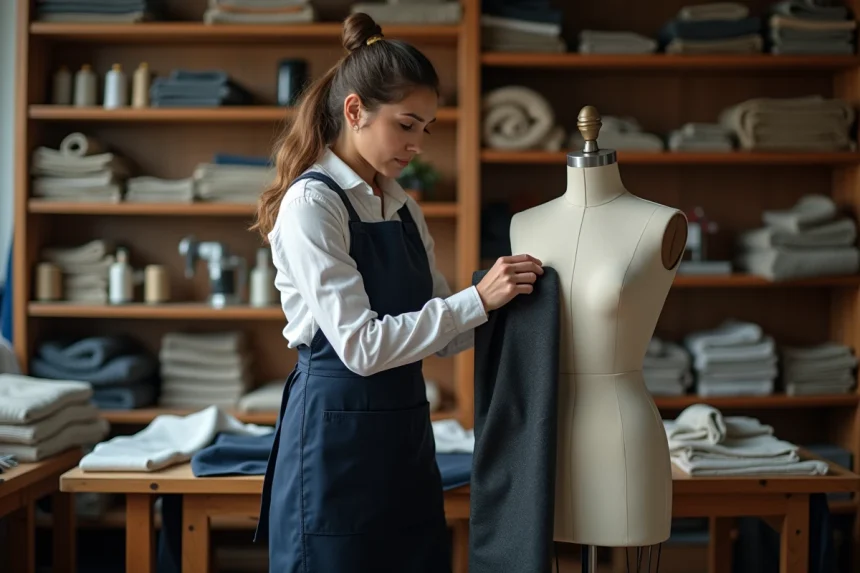 Couturière en atelier épinglant l'ourlet d'un pantalon en laine pour une retouche professionnelle