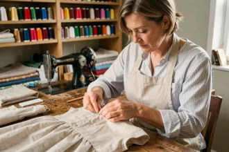 Couturière à domicile épinglant un tissu sur une table en bois dans un atelier maison chaleureux, illustrant le tarif couture à domicile