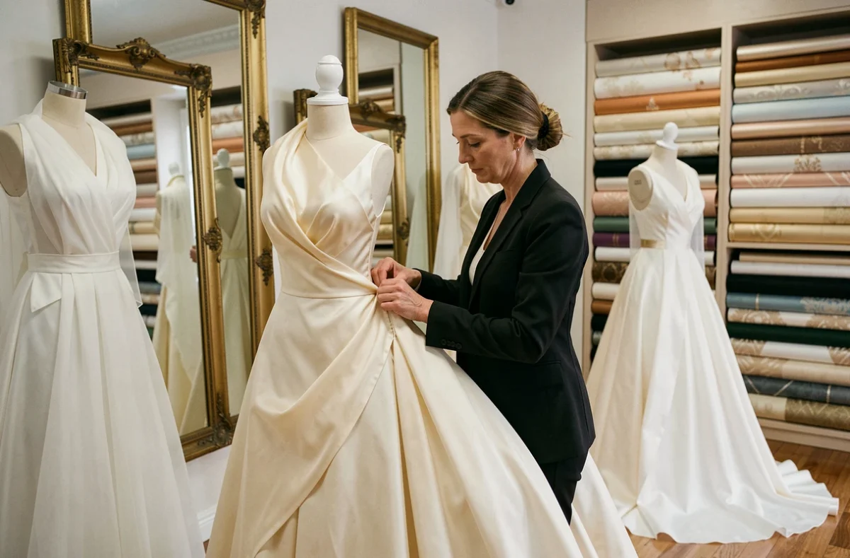 Atelier de haute couture Créanne Maison de Couture à Nancy avec une couturière ajustant une robe sur un mannequin en toile entouré de tissus luxueux