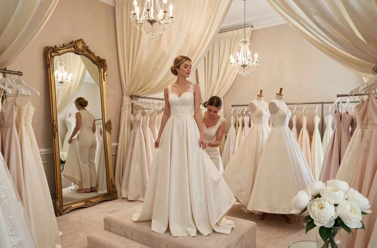 Essayage d'une robe de mariée en dentelle dans la boutique CréAnne à Nancy, avec une couturière qui ajuste le bas de la robe