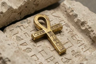 Croix ankh dorée posée sur une pierre ancienne gravée de hiéroglyphes, symbole égyptien sacré en gros plan