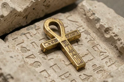 Croix ankh dorée posée sur une pierre ancienne gravée de hiéroglyphes, symbole égyptien sacré en gros plan