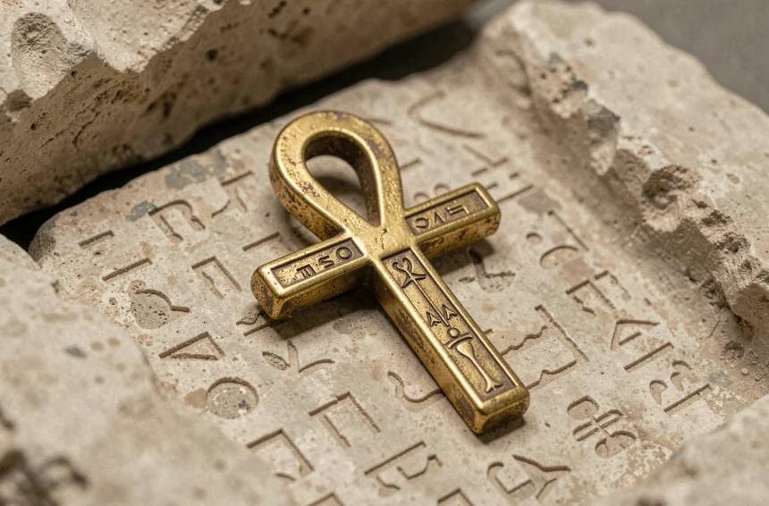 Croix ankh dorée posée sur une pierre ancienne gravée de hiéroglyphes, symbole égyptien sacré en gros plan