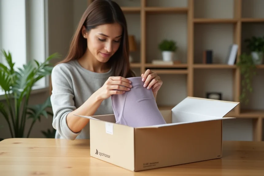 Femme déballant une commande Halara de vêtements de sport à son bureau à domicile