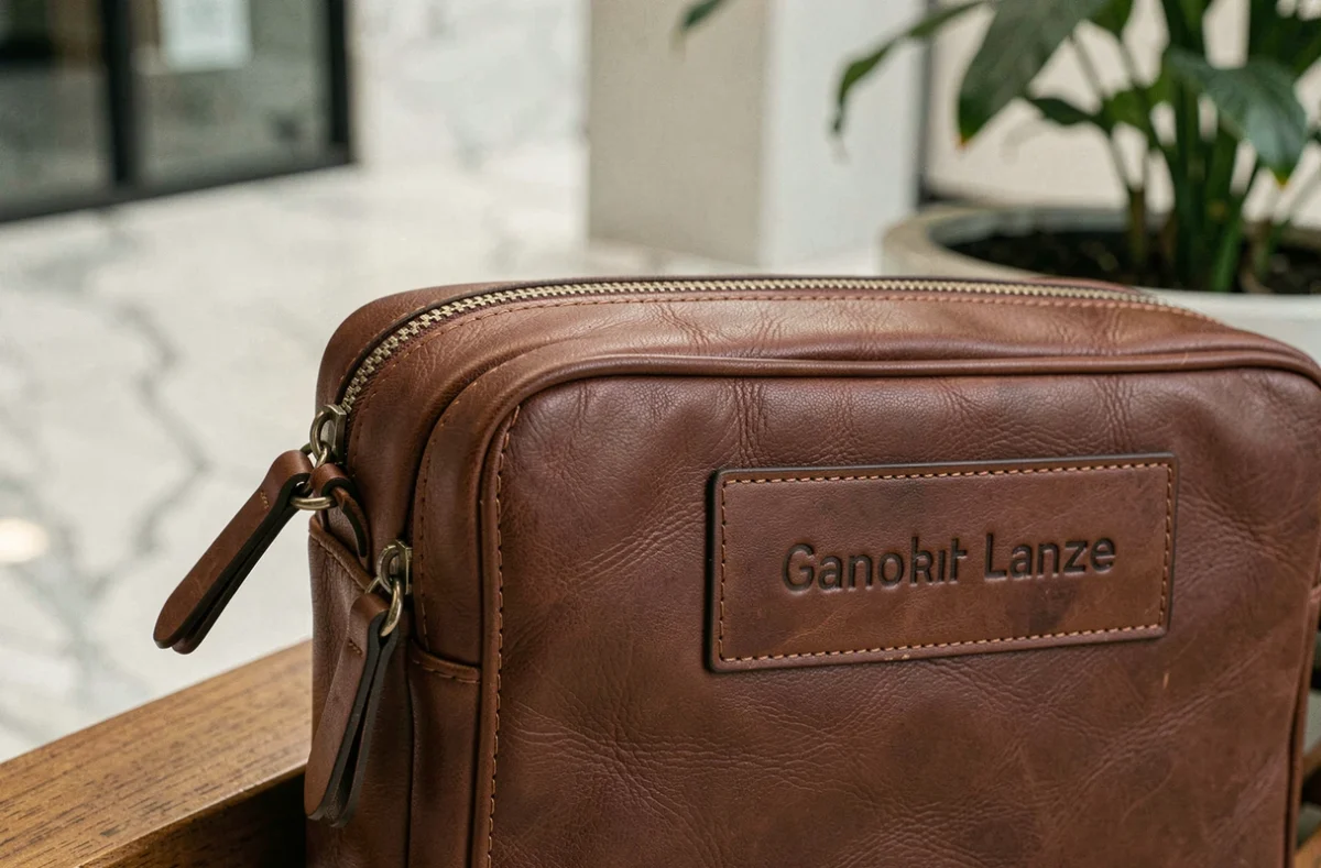 Gros plan sur les détails de couture et les accessoires en laiton d'une sacoche cuir cognac pour ordinateur posée dans un lobby de bureau haut de gamme