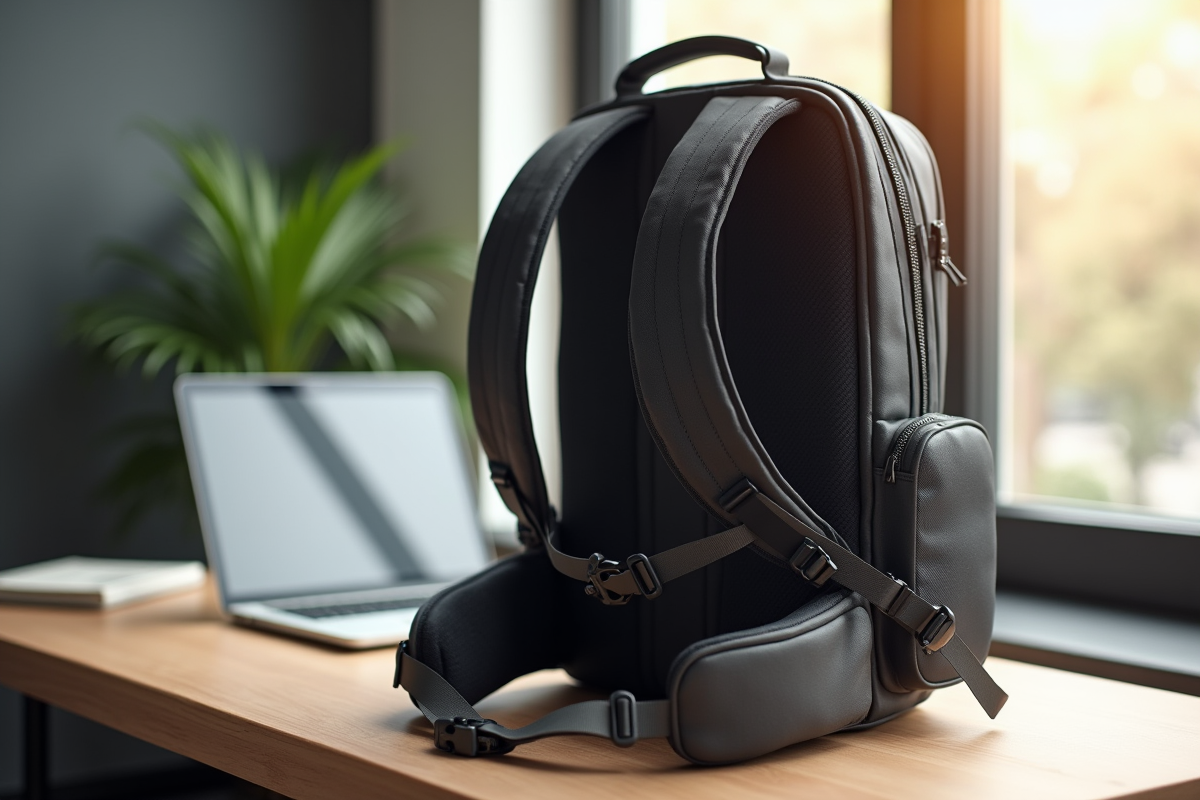 Zoom sur un sac à dos ergonomique sur un bureau en bois