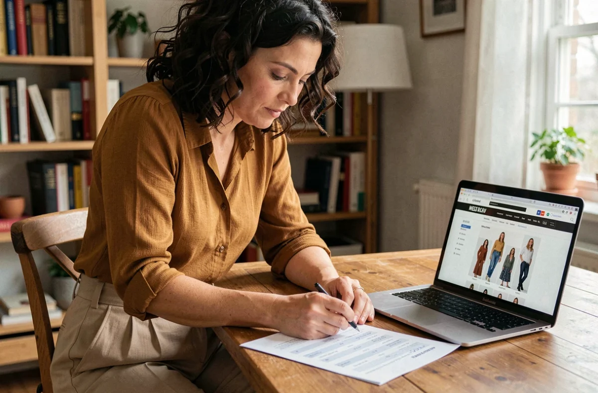 Femme consultant un tableau d'équivalences de tailles 48 et 50 assise à un bureau en bois avec un ordinateur portable ouvert