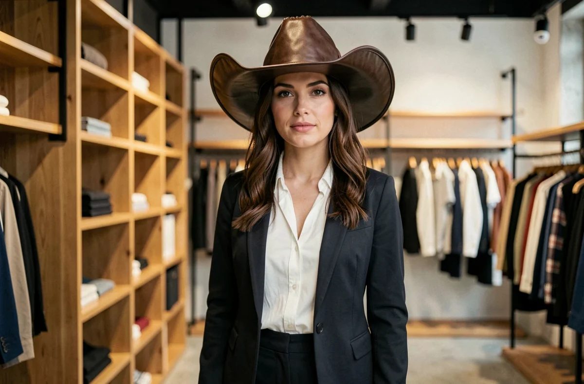 Femme portant un chapeau de cowboy en cuir trop grand avec un blazer formel dans une boutique moderne, montrant un mauvais accord vestimentaire avec les chapeaux western