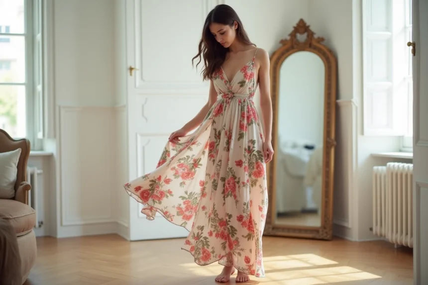 Femme petite portant une robe longue trop volumineuse qui traîne au sol, illustration d'une erreur de style courante pour les petites morphologies