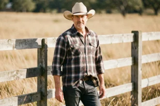 Homme portant un chapeau de cowboy mal incliné avec une tenue dépareillée devant une clôture en bois rustique, illustrant les erreurs de style à éviter avec les chapeaux western