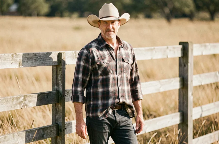 Homme portant un chapeau de cowboy mal incliné avec une tenue dépareillée devant une clôture en bois rustique, illustrant les erreurs de style à éviter avec les chapeaux western