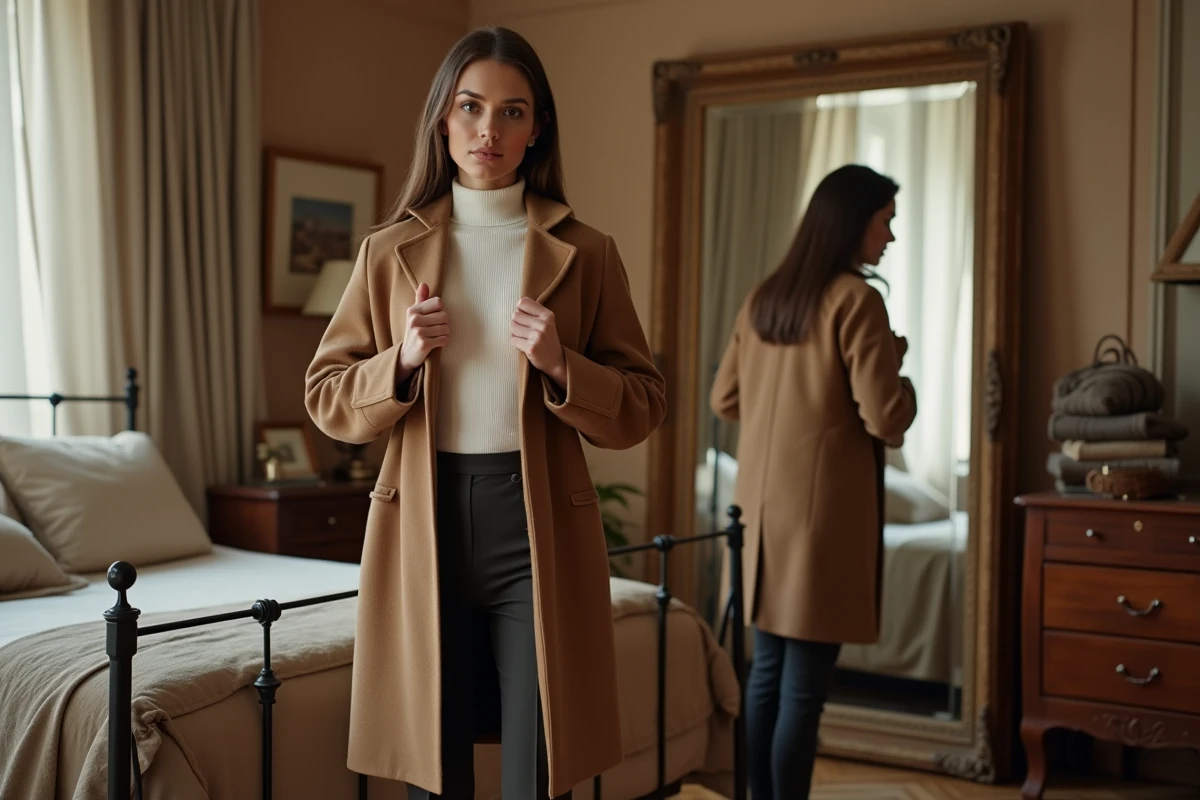 Femme élégante essayant un manteau camel devant un miroir ancien dans une chambre décorée avec goût