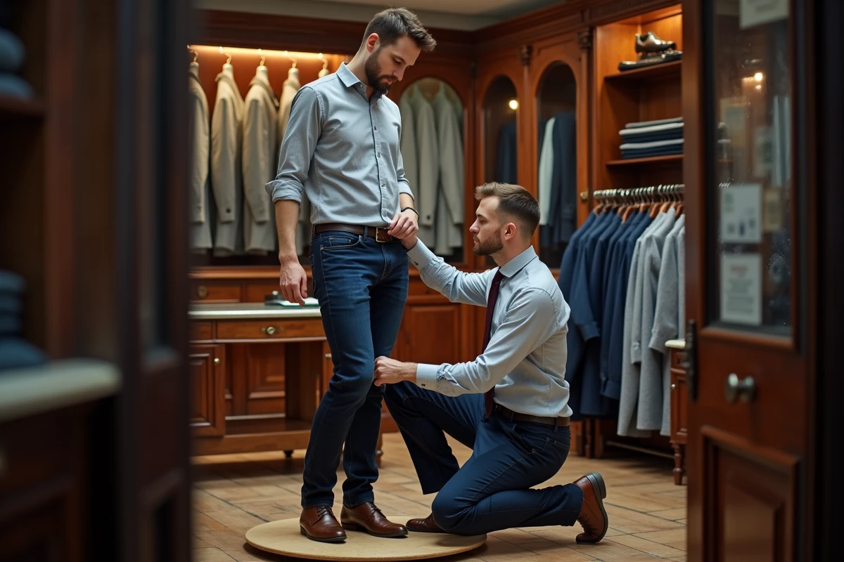 Client en essayage dans un atelier de retouche pendant l'ajustement de la longueur d'un pantalon par un tailleur