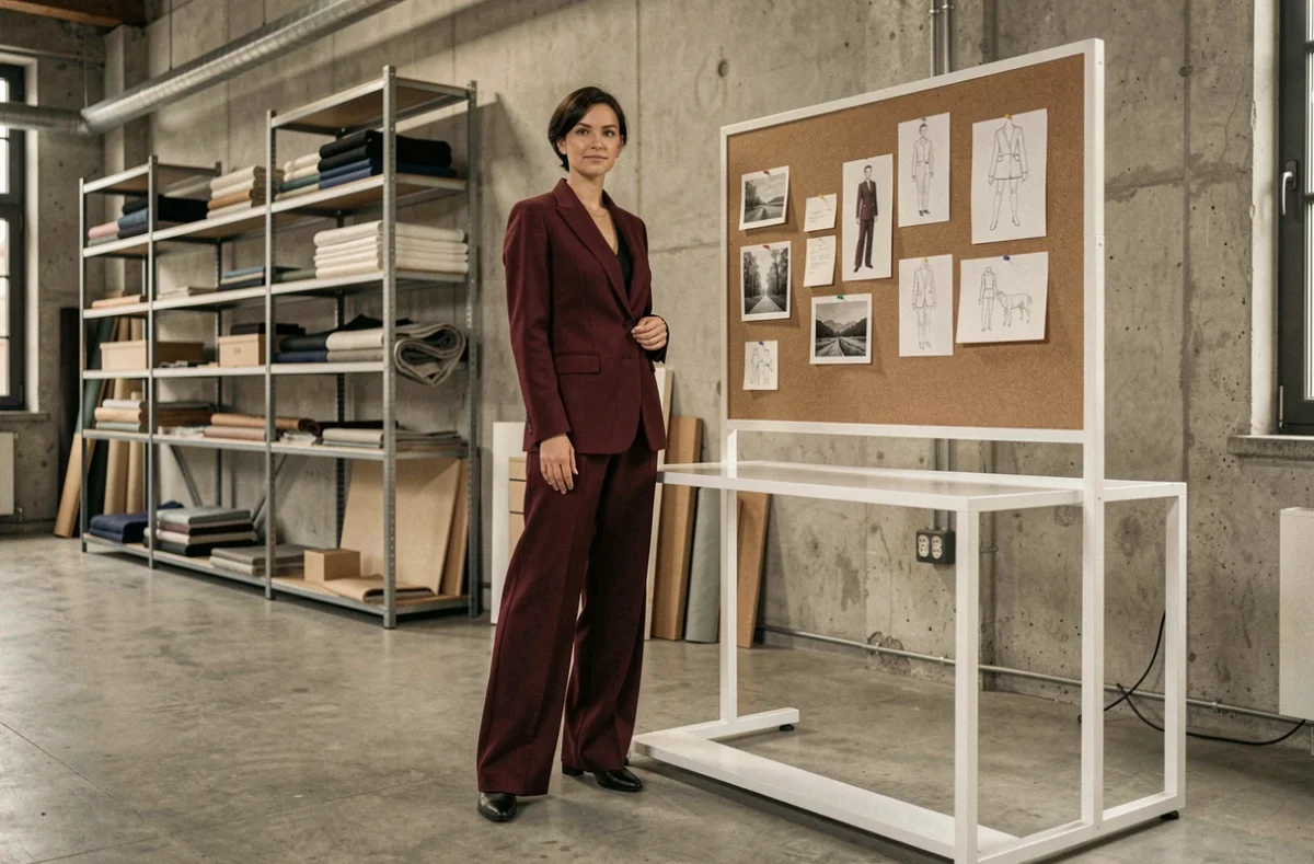 Femme portant une création Eva Kayan dans un atelier de mode contemporain à Grenoble