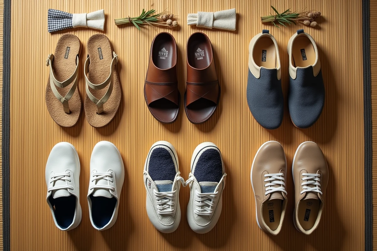 Composition à plat montrant l'évolution de la chaussure traditionnelle japonaise zori vers les sneakers streetwear contemporains sur tatami