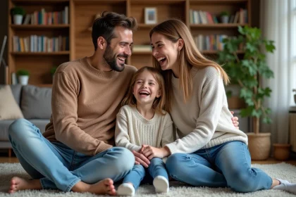 Famille souriante r&eacute;unie dans un salon chaleureux