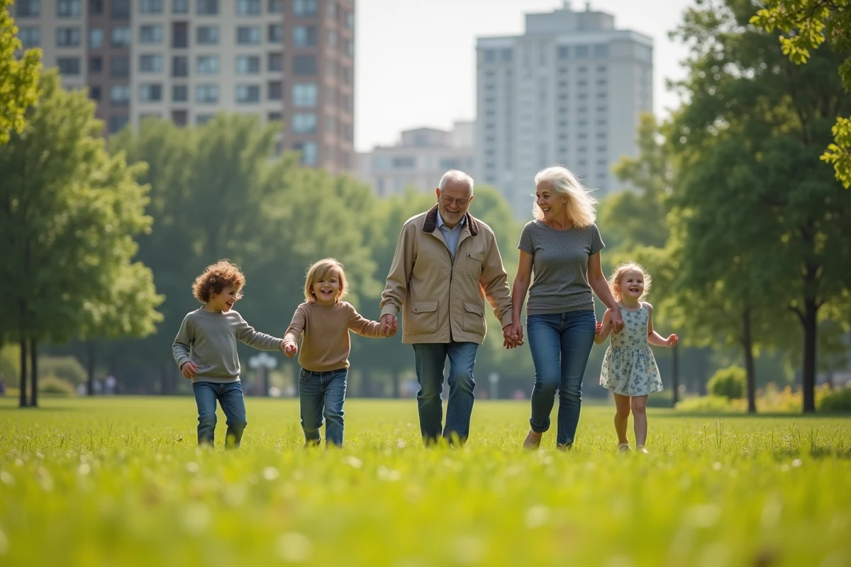 Trois g&eacute;n&eacute;rations marchant dans un parc urbain