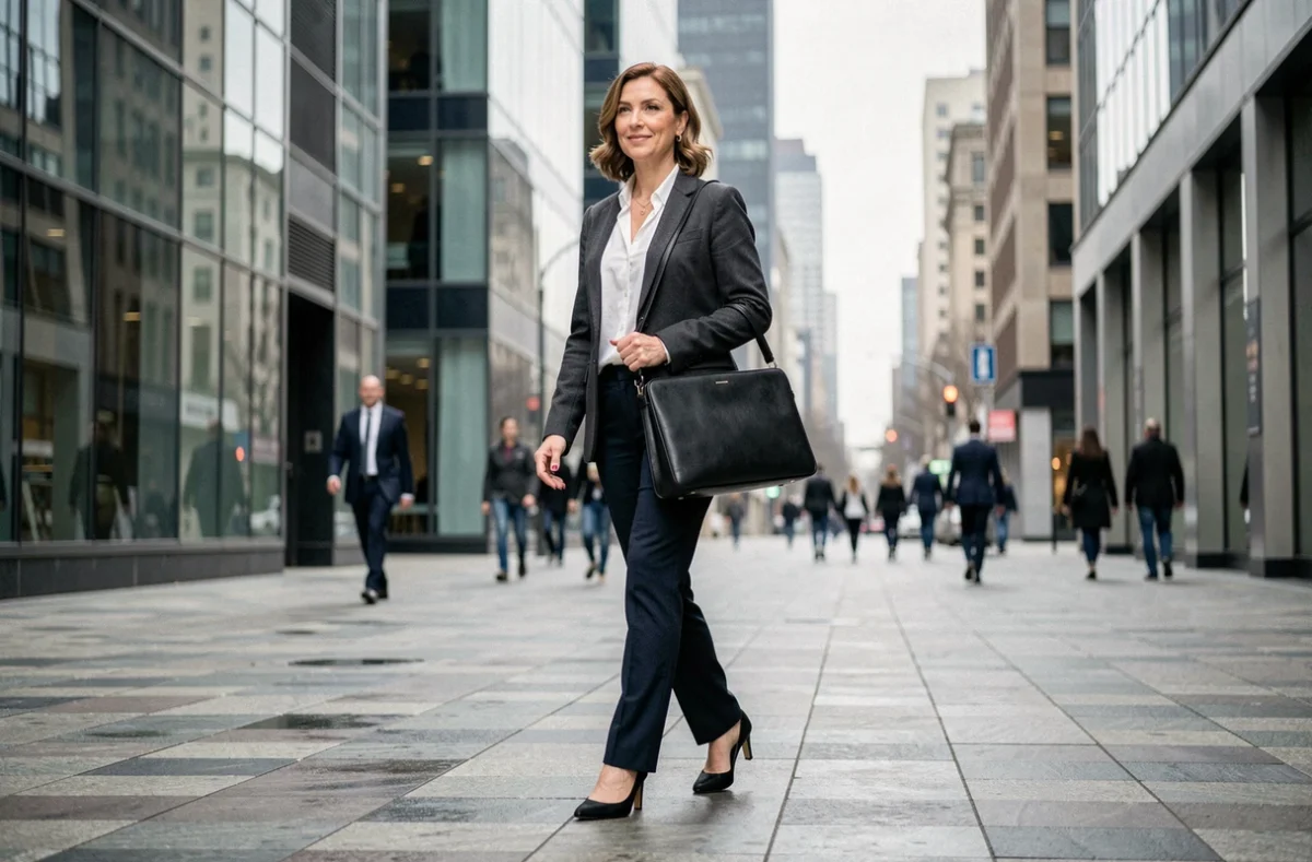 Femme en tailleur gris marchant en ville avec une sacoche cuir noire pour ordinateur en bandoulière dans un quartier d'affaires