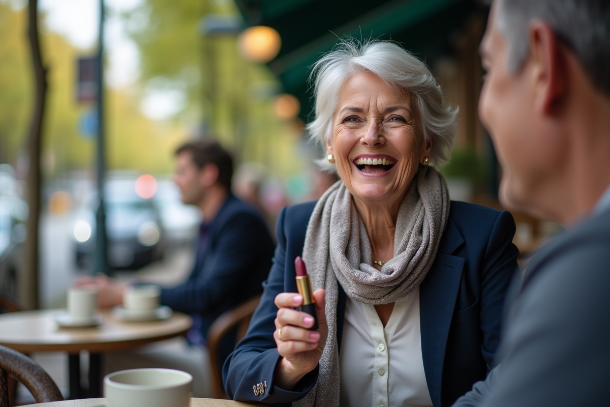 Femme souriante discutant avec une amie en tenant un rouge à lèvres