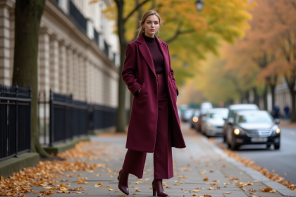 Femme élégante en manteau bordeaux dans une rue urbaine automnale