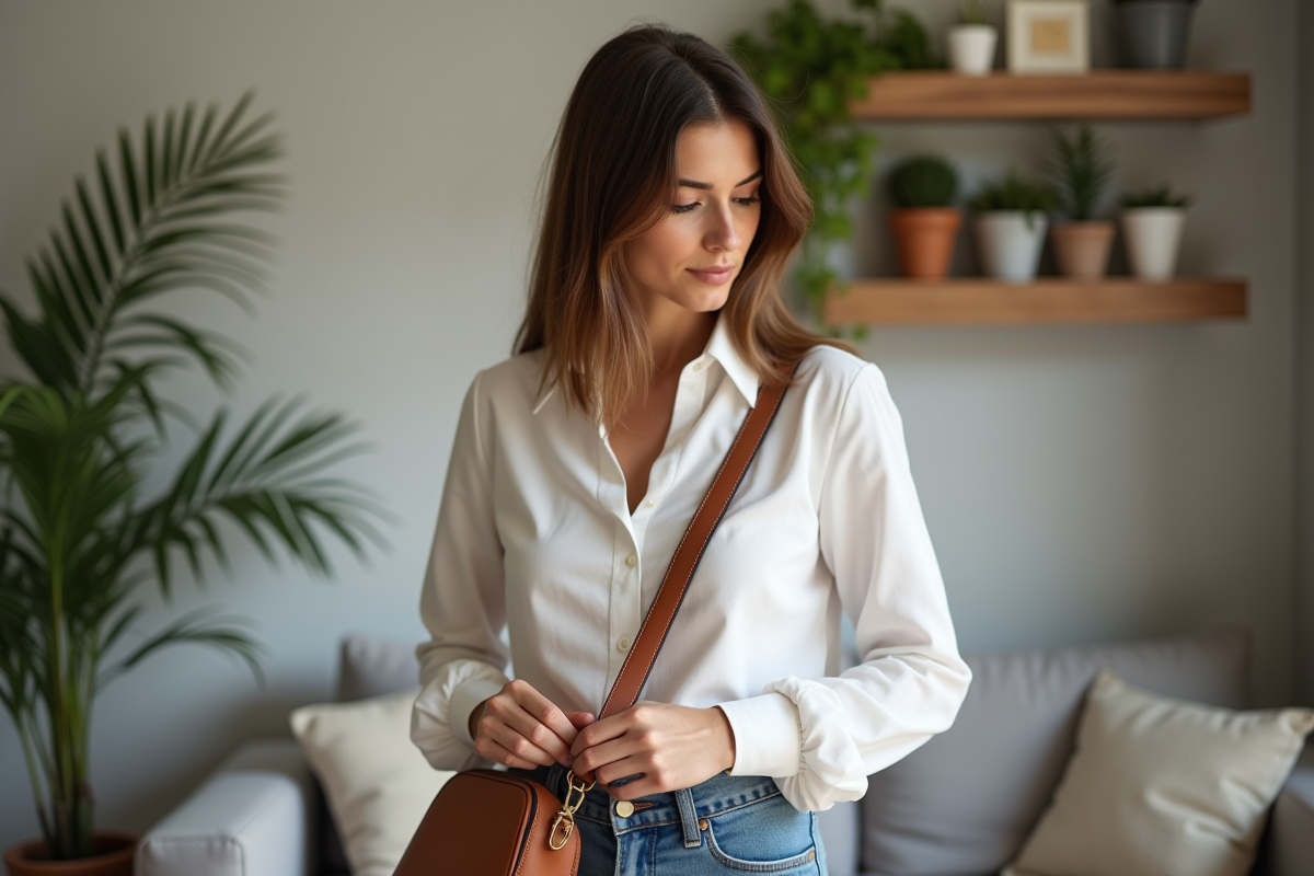 Femme ajustant son sac en cuir dans un appartement moderne
